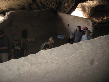 A few of the group checking out a room that actually has remnants of paint on the wall, as well as handprints in the wall mortar where the original inhabitants constructed specific sections of the wall. (In picture from left to right: Overton Lesley, David Barron, Mary Whisenhunt, Kimberly Martin, Robert Gardner, NPS volunteer, and Kristina Solis)